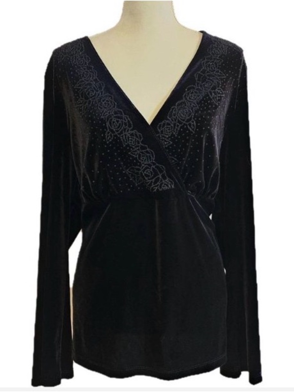 Lane Bryant Black Velvet V-Neck Blouse with Embroidered Trim 18/20